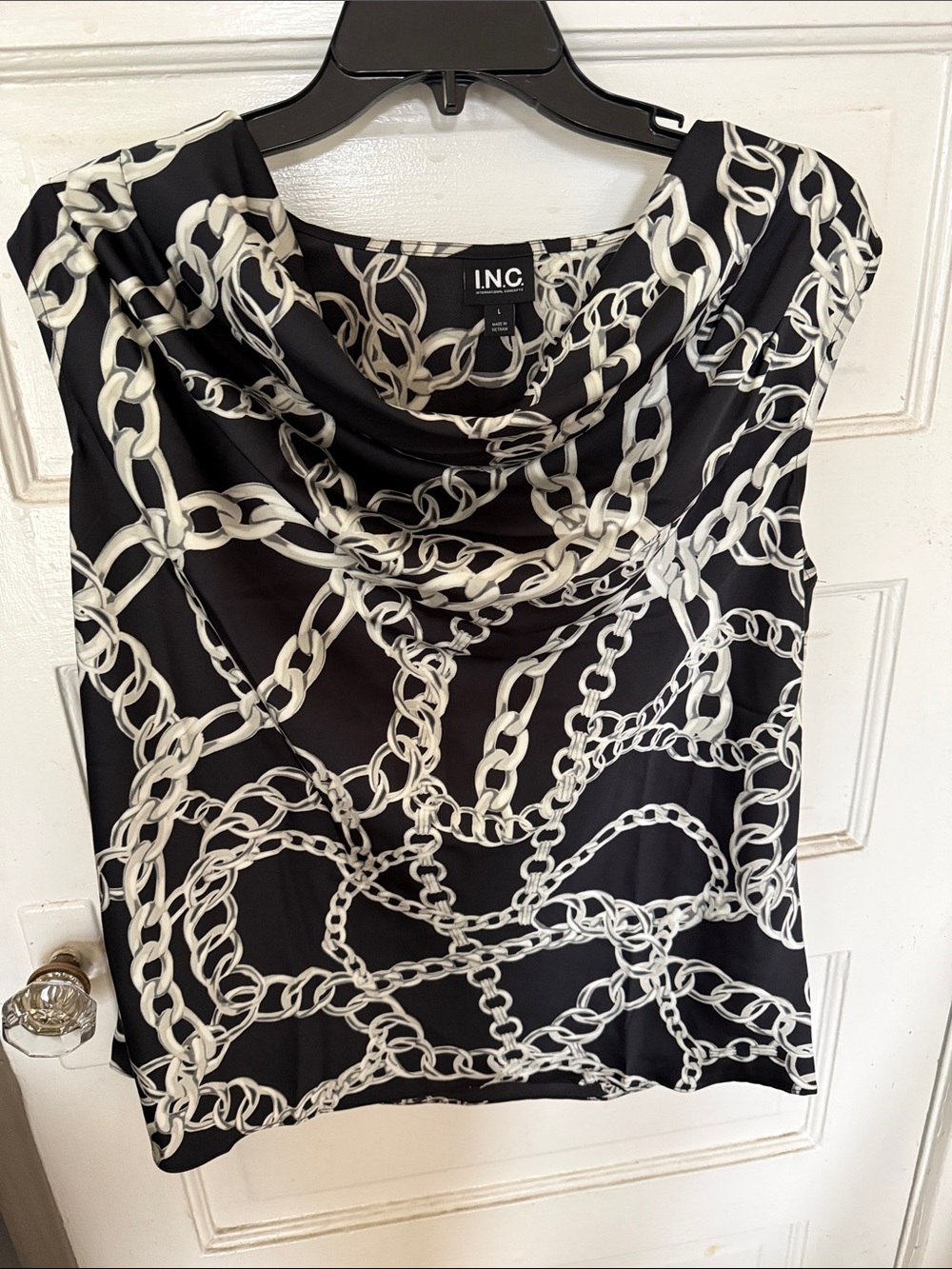 INC International Concepts Black & White Chain Print Cowl Neck Top